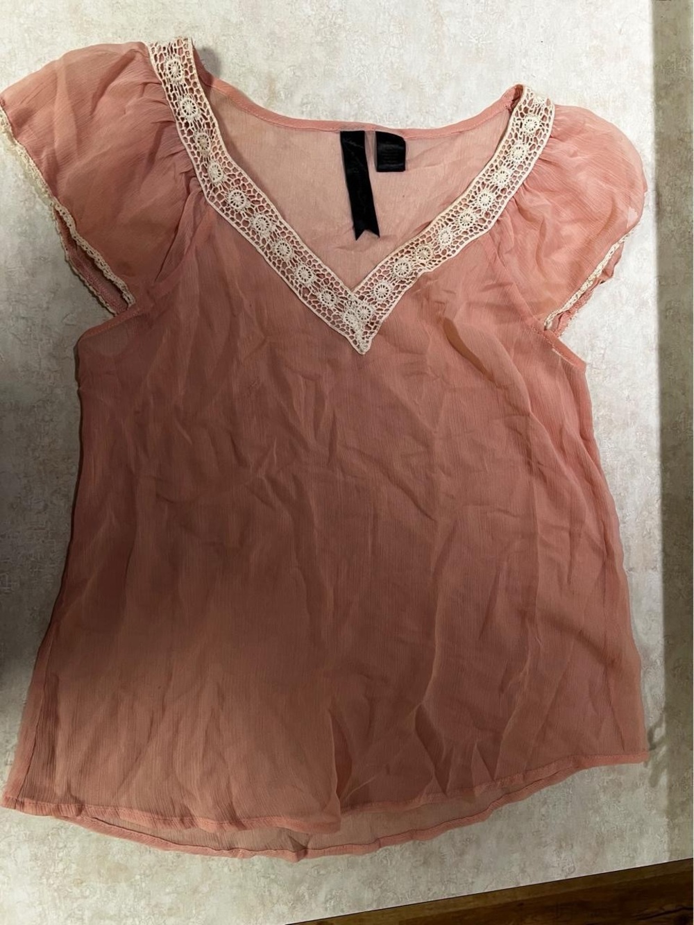 Petticoat Alley Coral Pink Sheer Lace-Trim Blouse